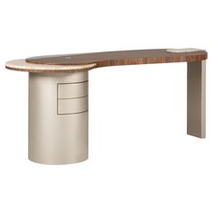 an office desk with a wooden top and metal base