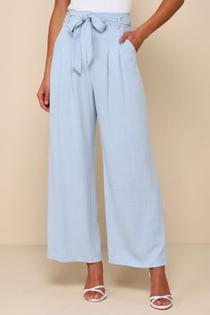 Look like a page out of style section in the Lulus Trend Alert Light Blue Belted High-Waisted Wide-Leg Pants! Linen-blend woven fabric shapes these breezy pants that have a high-waisted fit with belt loops and a sash belt. The wide legs have tailored pleating, side pockets, and end at ankle-length hems. Top button and hidden zipper fly. Fit: This garment fits true to size. Length: Ankle length. Size medium Inseam: 28.00 Front Rise: 12.50 Waist: Fitted - very fitted at natural waist. Hip: Loosely Light Blue Wide Leg Pants For Summer Workwear, Light Blue Straight Pants For Summer, High Waist Light Blue Wide Leg Pants For Spring, Light Blue High Waist Wide Leg Pants For Spring, Chic Light Blue Pants For Day Out, Chic High Waist Light Blue Wide Leg Pants, Chic Light Blue Cotton Bottoms, Light Blue High-waisted Summer Pants, Chic Solid Blue Pants