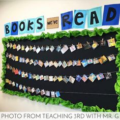 a bulletin board is decorated with books to read