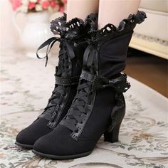 Category:Boots; Upper Materials:Faux Leather; Embellishment:Lace-up; Season:Fall,Winter; Heel Type:Block Heel; Gender:Women's; Toe Shape:Round Toe; Type:Mid Calf Boots; Style:Vintage,Fashion,Elegant,Minimalism; Heel Height(inch):1-2; Outsole Materials:Rubber; Occasion:Daily,Valentine's Day; Closure Type:Zipper; Pattern:Solid Color; Listing Date:09/21/2023; Production mode:External procurement; 2024 Trends:Plus Size,Ladies Shoes Valentines Gifts; Foot Length:null; Foot Width:null; Size chart date Romantic Goth Shoes, Victorian Gothic Fashion Women, Gothic Plus Size Fashion, Victorian Inspired Outfits, Dark Academia Shoes, Fantasy Boots, Gothic Heels, Princess Boots, Classy Boots