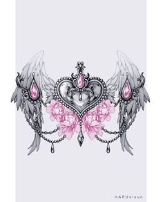 an artistic tattoo design with angel wings and pink flowers in the center, on a white background