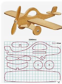 a wooden toy airplane is shown next to a cut out pattern