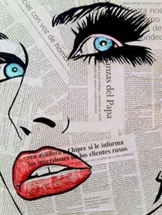 a woman's face with blue eyes and red lipstick on top of a newspaper