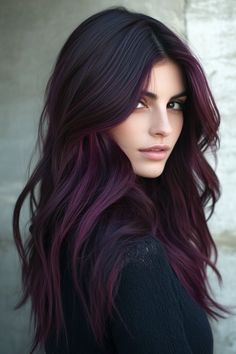 Balayage Inspiration: 16 Color Ideas for Brunette Hair Dark Brunette With Purple Undertones, Dark Brown Hair Long Bangs, Balayage Split Dye, Bayalage Purple Hair, Dark Brown Purple Highlights, Subtle Fun Hair Color Brunettes, Purple To Brown Hair, Balayage On Dark Skin Tone, Dark Brown Hair Colors With Highlights