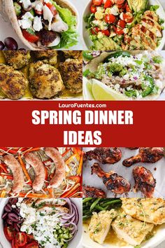 a collage of different types of food with the words spring dinner ideas