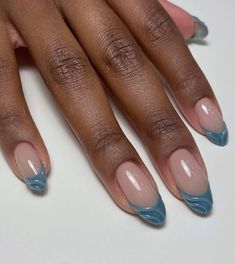 Winter Nails Blue Almond, Florida Nails Almond, Colored Almond French Tip Nails, Nail Inspo Short Winter, Holiday Gel Nails Winter Short, Crazy French Tip Nails, Textured French Tip Nails, French Nail Designs Almond, Blue French Almond Nails