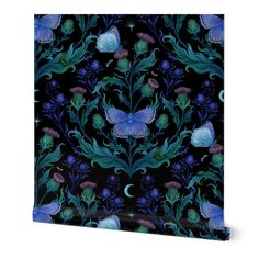 a blue and green floral pattern on a black background is featured in this image, it appears to be an acrylic painting