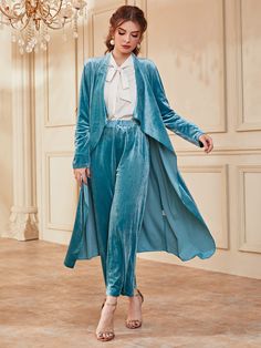 Cadet Blue Elegant  Long Sleeve Velvet Plain   Non-Stretch Fall/Winter Women Co-ords Luxury Velvet Suit For Winter, Formal Velvet Sets For Eid, Luxury Velvet Suits For Winter, Festive Blue Velvet Sets, Blue Velvet Tracksuit, Velvet Pantsuit, Blue Velvet Suit, Velvet Dresses Outfit, Velvet Suit Design