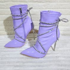 Stretch Patent Pointy Toe 4" Heels Sparkly Rhinestone Strap Side Zipper Brand New True To Size Purple Lace-up Party Boots, Purple Heels Wedding, Purple Shoes Heels, Heels Sparkly, Casual Shoes Women Sneakers, Purple Boots, Purple Heels, High Heel Ankle Boots, Fantastic Shoes