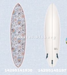 the surfboard is white and has flowers on it