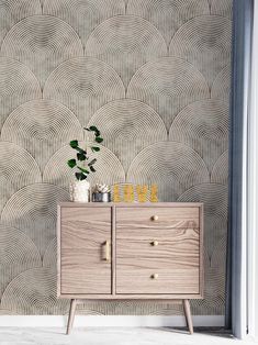 a wooden cabinet sitting in front of a wall with a plant on top of it