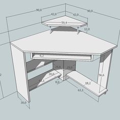 a drawing of a corner desk with shelves on each side and measurements for the top