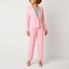 Cut for a classic-fit, these mid-rise women's suit pants from Black Label by Evan-Picone are made from stretch-crepe for comfortable all-day wear. They have a concealed zip fly, side pockets, a flat front, and stright legs. Style them with a printed blouse and heels or a t-shirt and sneakers for a twist on tailoring.Front Style: Flat FrontClosure Type: ZipperFit: Classic FitPockets: 2 Side Slip PocketsRise: Mid RiseApparel Length: 30 InchesFiber Content: 97% Polyester, 3% ElastaneFabric Descrip… Tailored Elastane Pantsuit, Elastane Pantsuit For Business Casual, Elastane Pantsuit For Workwear, Fitted Suits With Ankle-length Pants For Office, Tailored Elastane Blazer, Spring Office Elastane Pantsuit, Spring Elastane Pantsuit For Office, Tailored Tapered Leg Spring Suits, Tailored Tapered Leg Suits For Spring