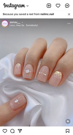 Short Gel Nails With Rhinestones, Short Nails With Rhinestones Simple, Anniversary Nails Ideas Short, Nurse Nails Natural, Short Nails For Nurses, Nails For Nurses, Gold Gem Nails, Wedding Anniversary Nails, Anniversary Nails Ideas