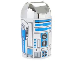 star wars r2d2 cookie jar is shown in white and blue with silver trim