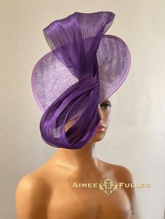 Luscious purple silk ribbon feature on this handsome lavender buckram asymmetrical fascinator.   Easy-to-wear headband fascinator makes a statement, and can be worn to a myriad of events: Easter, Bridal, Derby-Wear, Del Mar Races, Hat Contests, Church, Gala, Kentucky Derby, Melbourne Cup, High Tea, Weddings, Cocktail Parties, Weddings, and More.  Some customization available as this is made-to-order; please message with your requests to see if we can meet your needs. Other colors available; please inquire before purchase if you need another color.   *FREE SHIPPING  For more STATEMENT JEWELRY and HANDMADE HATS go to www.aimeesfuller.com Aimee Fuller has been a trusted online seller since 1999, and is excited to bring her creations back to Etsy.  Though often copied by hobbyists and even hig Purple Hat With Short Brim For Royal Ascot, Purple Top Hat For Royal Ascot, Purple Hats For Royal Ascot Races, Purple Short Brim Hat For Royal Ascot, Purple Curved Brim Mini Hat For Kentucky Derby, Purple Mini Hat With Curved Brim For Kentucky Derby, Fitted Purple Hat For Kentucky Derby, Elegant Purple Top Hat With Curved Brim, Fitted Purple Costume Hat With Short Brim