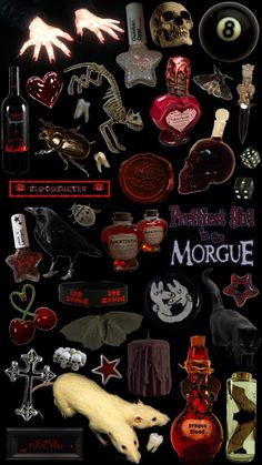 a poster with many different items on the back ground and in front of it is a black background