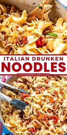 two pictures showing different types of pasta and one with the words italian drunken noodles