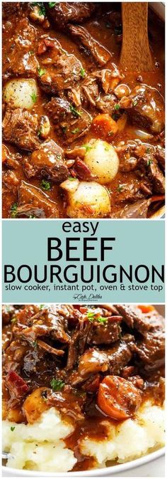 beef bourguignon with potatoes and gravy on top