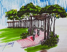 a drawing of people walking in the rain under umbrellas on a sidewalk near trees