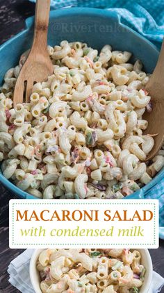 macaroni salad with shredded milk in a blue bowl next to a wooden spoon