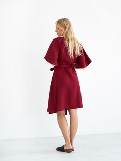 "MARY is a short sleeve midi linen wrap dress. DETAILS - Wrap robe - Self tie belt - Dolman style sleeves - Knee length - 100% lightweight European linen fabric - Cut and sewn to order just for you in our studio COLOR - Cherry red, you can also choose other colors above - Fabric samples are available here https://www.etsy.com/listing/586569696/linen-fabric-samples SIZING & FIT - Relaxed fit - True to size - Length is approximately 39.5 inches / 100 cm - Bust is approximately 18 inches / 45.5 Red Linen Short Sleeve Dress, Red Linen Dress With Short Sleeves, Wrap Dress Midi, Linen Wrap Dress, Hospital Gown, Summer Linen Dresses, European Linens, Dress Midi, Red Fabric