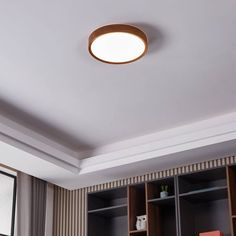 a light that is on in the ceiling above a book shelf and bookshelf