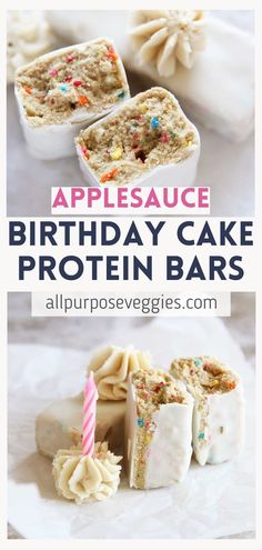 an appleauce birthday cake protein bar with sprinkles on top and the words, applesauce birthday cake protein bars