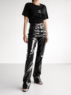 Classic patent vegan leather trousers in Aluminium. Long length and fitted silhouette, with patent shine. Slightly flared ankle. Zip and button closure. Model is in MINUSEY S. ✔️ Free worldwide express shipping over $100✔️ Loved by 6,500+ customers✔️ Limited edition collections, maximum styleStay ahead of the trend with can’t-find-anywhere-else staples. Your closet will thank you 💕 * MINUSEY S = EU 32, US 0* MINUSEY M = EU 34, US 2* MINUSEY L = EU 36, US 4* 100% Aluminium* Dry clean* Made in Korea - Model Height: 172cm/5'7" (US2, EU34) Patent Pants Outfit, Patent Leather Pants, Wide Trousers, Korean Fashion Women, Leather Trousers, Coat Pant, The Trend, Night Outfits, Leather Coat