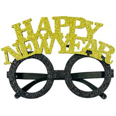 a pair of glasses with the words happy new year written on them and glitter letters