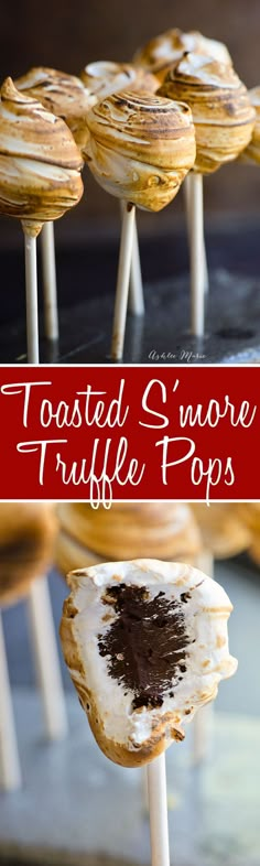 toasted s'more truffle pops on a stick with chocolate frosting