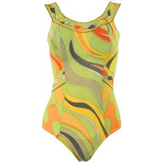 Vintage Emilio Pucci c.1960's op art signature print one piece bathing suit. Multicolor op art signature print mesh lycra in shades of green, yellow, orange, and gray. Front scoop neckline. Low open back. Boarder print detail along neckline and from side waist to center back forming a v-shape. Built-in bra cups. Partially lined at crotch. Marked Fabric Content: "100% Lycra". Marked Size: "10" (Vintage). Measurements: Chest: 26" (armpit to armpit; unstretched) Waist: 21" (narrowest point; unstret Sketches One Piece, 70s Prints, Art Signature, Vintage One Piece, Pucci Vintage, Pucci Print, One Piece Bathing Suits, Resort Outfit, Vintage Swimsuits