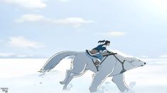 a woman riding on the back of a white polar bear across a snow covered field