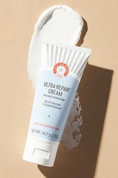 This fast absorbing, rich hydrating formula is made with Colloidal Oatmeal, a skin protectant and barrier-building ingredient that treats eczema and speeds up skin renewal. With 24 hours of soothing hydration, skin feels comfortable after just one use. | Ultra Repair Cream Intense Hydration Mini by First Aid Beauty in Blue at Anthropologie Ultra Repair Cream, Skin Renewal, Colloidal Oatmeal, First Aid Beauty, Skin Care Serum, Repair Cream, Night Routine, First Aid, Skin Treatments