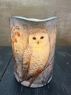 a white owl sitting on top of a tree branch next to a light bulb holder