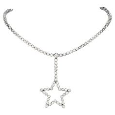 This Link Diamond Necklace was inspired with Elegance and Celebration in mind. With a large center star, It is crafted in 18K White Gold.  This Dazzling piece is All-occasion wear, its total necklace length without its drop is 16.5 inches and its pendant measures 2.5" long x 35 mm width. It is simply a Continuous Diamond Pattern from end to end. With 137 Smal diamonds & 3 Large Diamonds, Round Cut, Beel Set, The Total Diamond weight is approximate 8.65 carats  and is G-H color and VS clarity, Me Elegant Star-shaped Evening Jewelry, Formal Sparkling Star-shaped Jewelry, Luxury Star-shaped Party Jewelry, Elegant Star-shaped Formal Necklace, Elegant Star Necklace For Formal Occasions, Elegant Star Shaped Formal Necklace, Star-shaped Diamond Accented Necklace For Formal Occasions, Formal Star-shaped Necklace With Diamond Accents, Silver Star-shaped Necklace For Formal Occasions