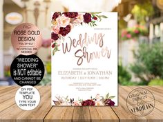 wedding shower sign with burgundy flowers and greenery on the front, in gold foil