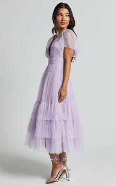 Jiraye Midi Dress - Flutter Sleeve Tuelle Plunge Dress in Lilac | Showpo USA Lavender Spring Dress, Showpo Bridesmaid Dress, Midi Garden Party Dress, Wedding Guest Dress Lilac, Lilac Purple Bridesmaid Dresses, Purple Semi Formal Dresses, Flowy Lavender Midi Dress, Bridesmaid Dresses Lilac Lavender, Light Purple Dress Formal