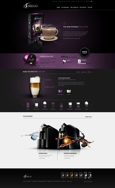 the website design for espresso is shown in purple, black and white colors