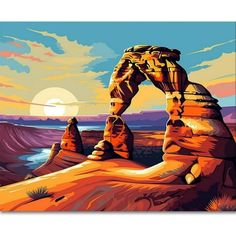 a painting of the desert with rocks and water