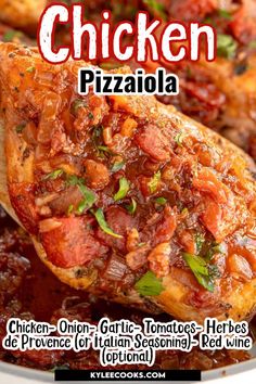 chicken pizza with tomato sauce and herbs on the side in a white bowl text reads chicken pizzaola