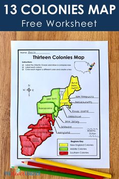 the thirteen colonies map is shown with pencils and markers