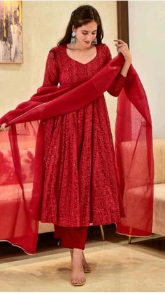 Red Anarkali Dress, Red Salwar Suit, Red Anarkali Suits, Suits For Women Indian, Red Anarkali, Georgette Anarkali Suits, Indian Wardrobe, Stylish Kurtis Design, Long Frock Designs