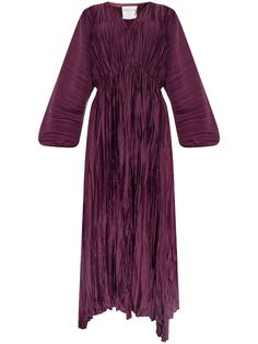 purple plissé effect satin finish gathered detailing V-neck long wide sleeves elasticated cuffs elasticated waistband unlined high-low hem mid-length Satin Dress Purple, Awards Dress, Crepe Midi Dress, City Dress, Beach Wear Dresses, Polyester Satin, Satin Dress, Wide Sleeves, High Low Hem