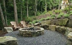 an outdoor fire pit surrounded by rocks and chairs