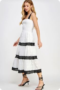 Lace trimmed long dress in embroidered eyelet lace fabric. This style features a smocked fitted bodice, contrast color scallop lace trim at skirt/straps, side pockets and adjustable straps. -lined -lightweight Fabric Contents - 100% polyester -Hand wash, dry flat -Colors may vary from different viewing devices. Eyelet Lace Fabric, Heeled Mules Sandals, Plus Size Activewear, Team Apparel, Eyelet Lace, Scalloped Lace, Tee Dress, Clothes Collection, Fitted Bodice