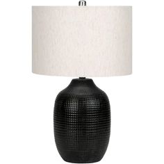 a black table lamp with a white shade