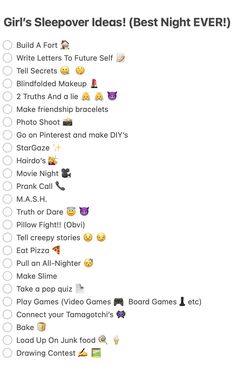 Are you ready to spill secrets, have pillow fights and gossip all nightlong? Well, you better be, because if you use this list, you're going to have the most thrilling night of your life! Sleepover Ideas Never Have I Ever, Things To Do When Bored At A Sleepover At Night, Things To Do At Night With A Friend, Things To Do At A Sleepover In The Morning, Fun Things To Do At A Slumber Party, Fun Games Sleepover, What To Do On A Sleepover At Night, Things To Do With Your Best Friend At Night, What To Do When You Have A Sleepover