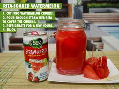 a can of watermelon sits next to a drink on a plate with toothpicks