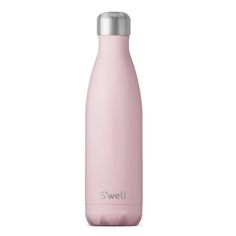 a pink stainless steel water bottle with the word swell on it's front and side